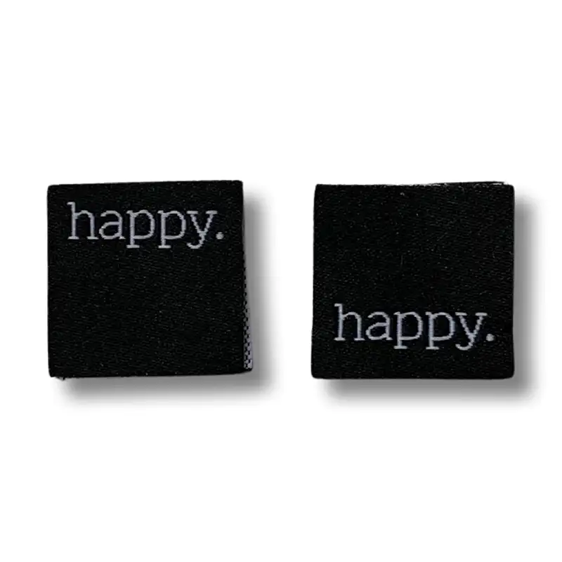 Weblabel quadratisch mit weißer Aufschrift Happy