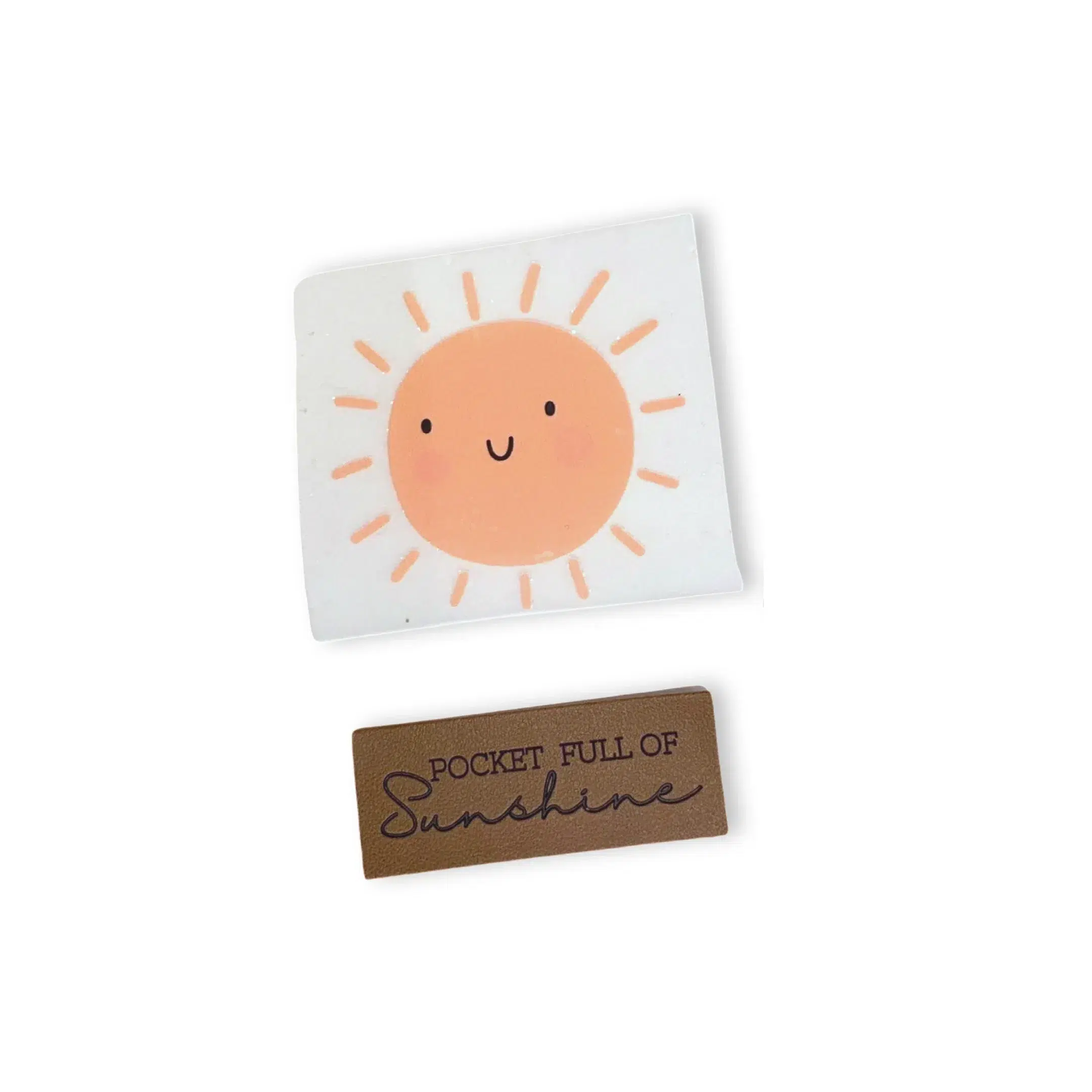 1Set Lederlabel "Pocket full of sunshine" und Bügelbild "lachende Sonne"