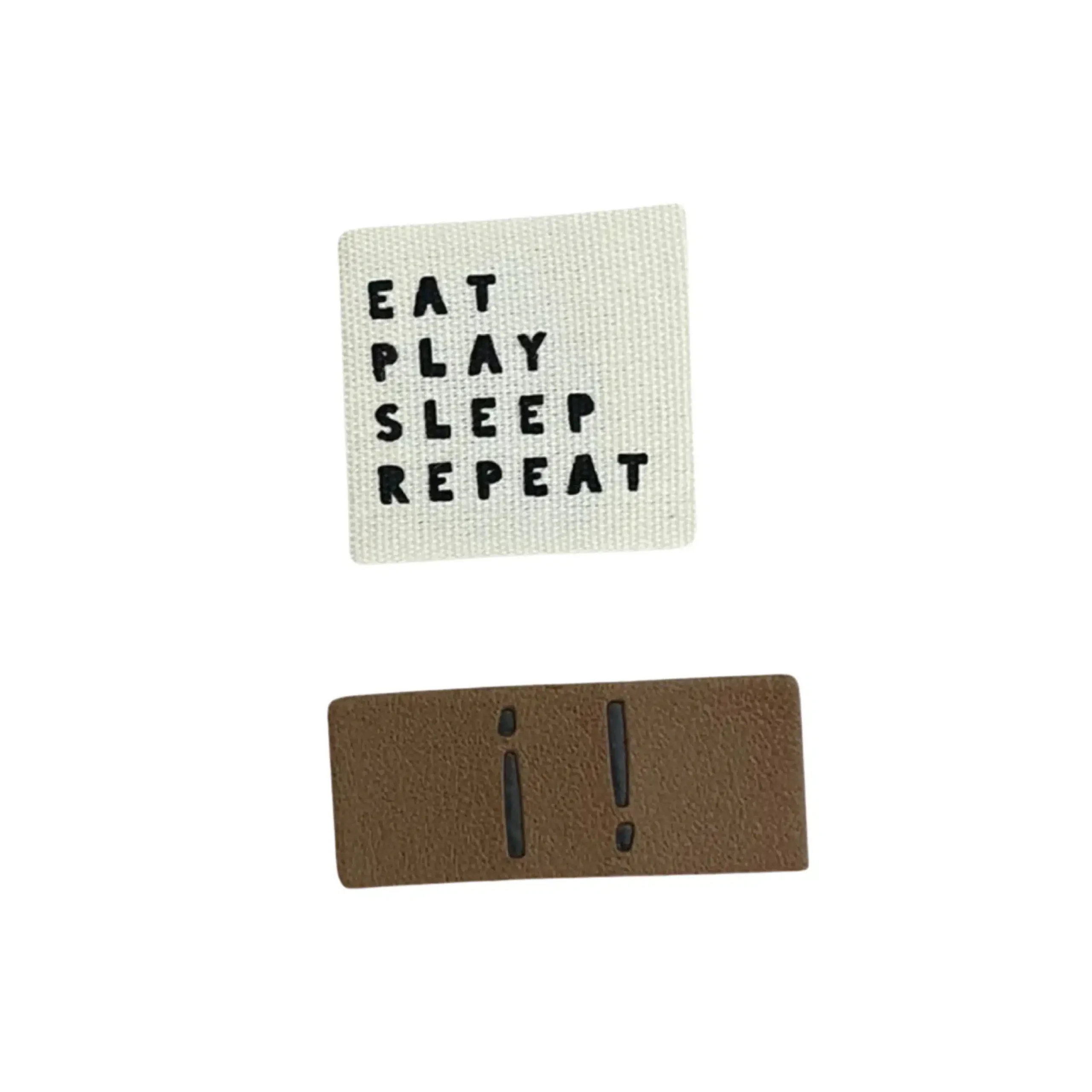 1Set Aufnäher Kunstlederlabel "!" und Baumwoll-Labels "Eat play sleep repeat"