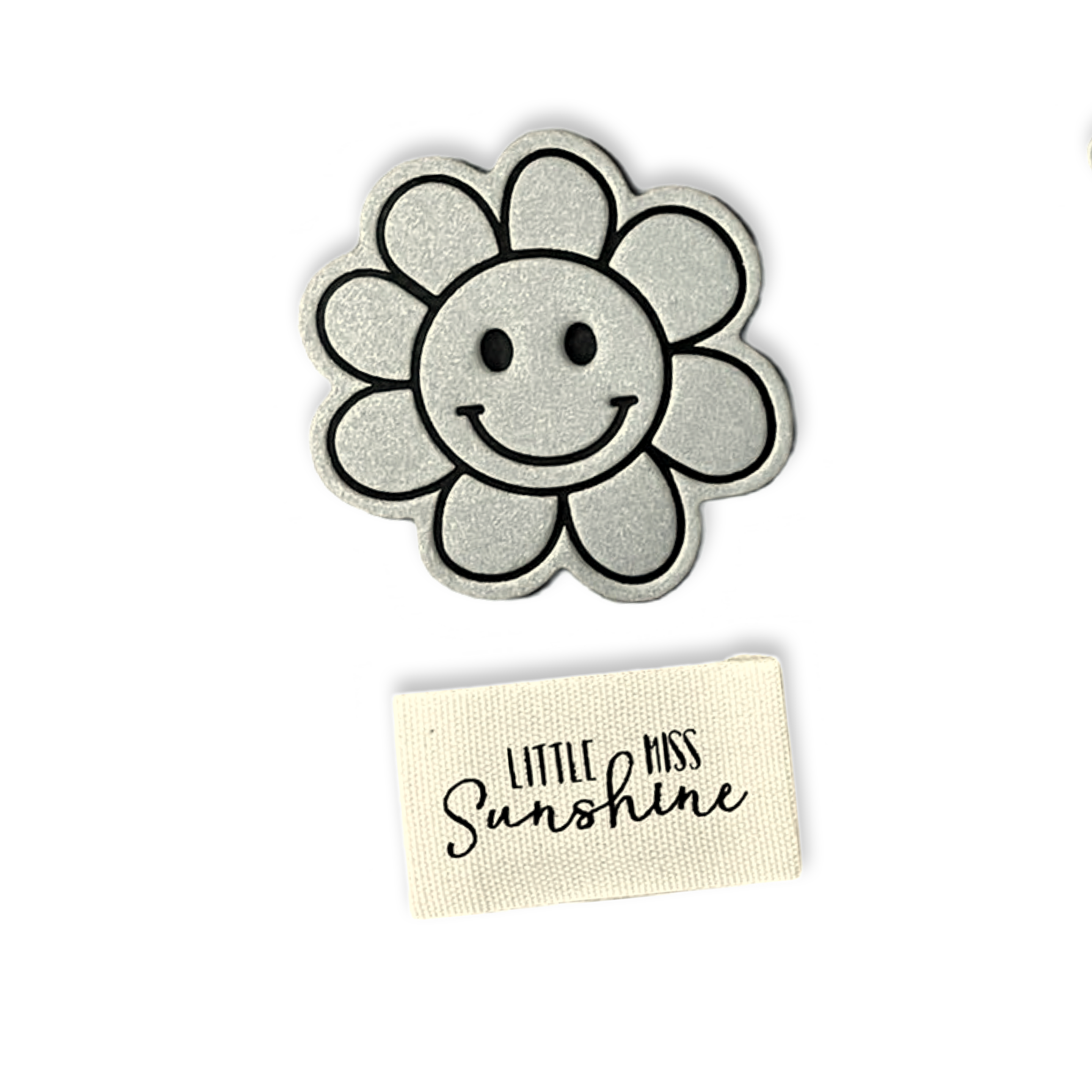 1Set Baumwoll Label "little miss sunshine" und Iron-on Reflektorlabel "Blumensmiley"