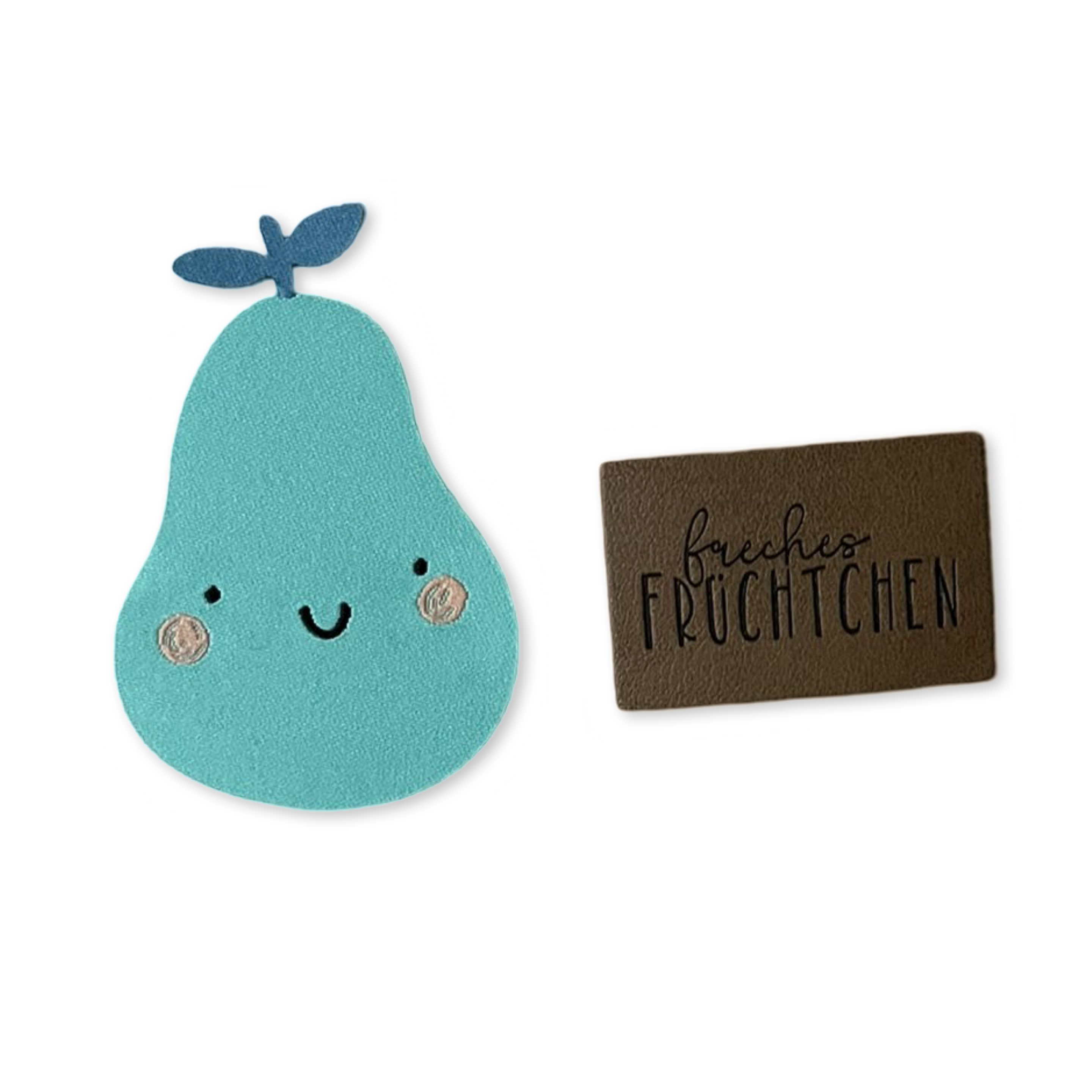 1Set Iron-on Lederlabel "Freches Früchtchen" und Iron-on Weblabel "Birne"