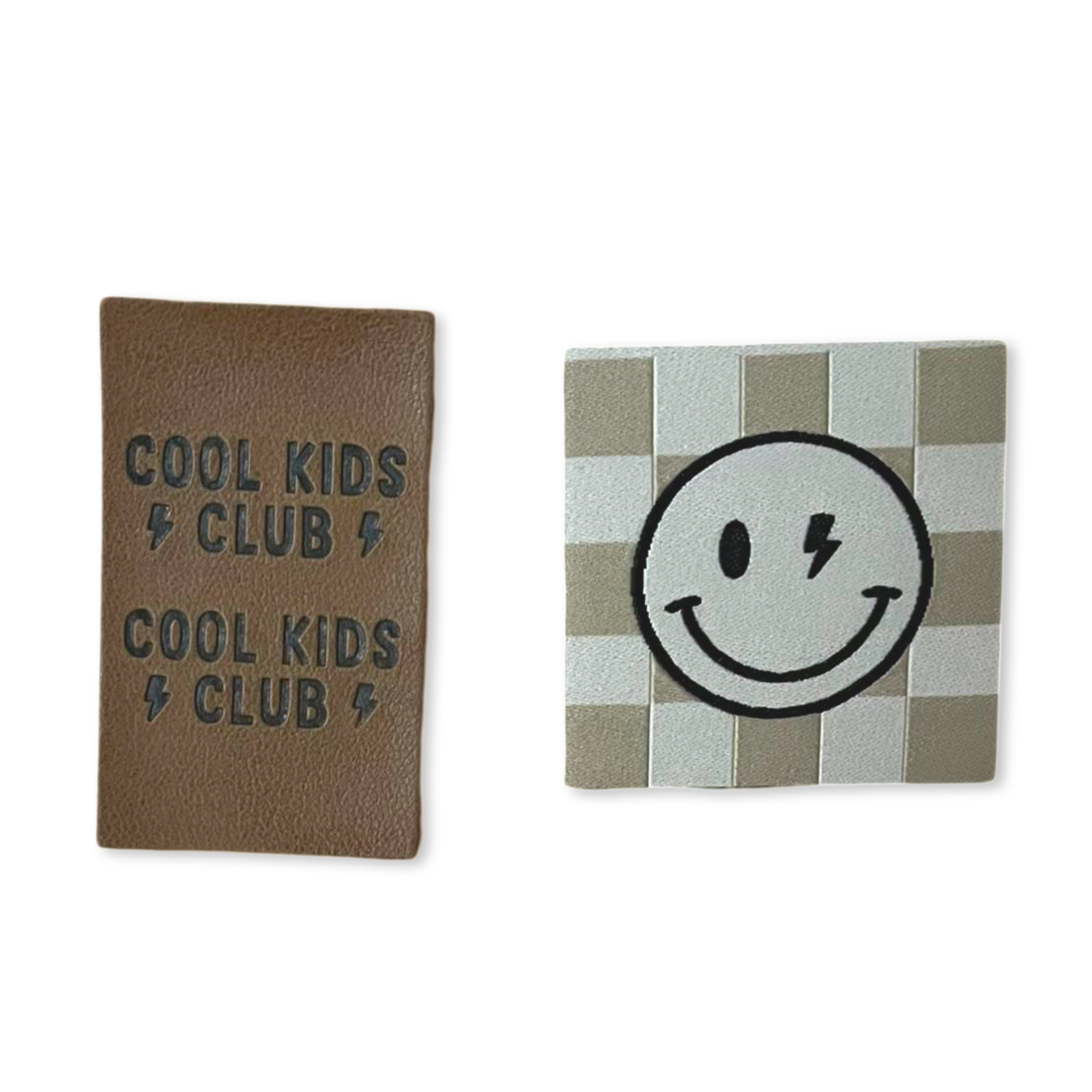 1Set Iron-on Lederlabel "Cool kids club" und Iron-on Weblabel "Smiley Blitz check"