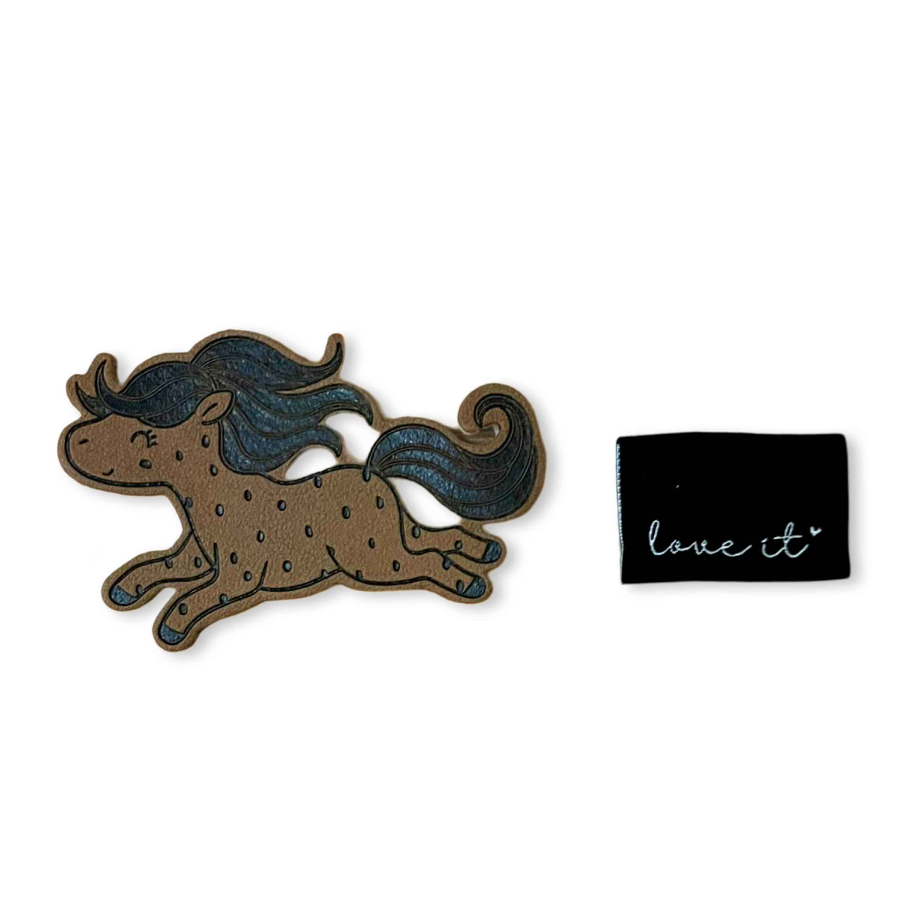1Set Iron-on Lederlabel "Pony" und Weblabel "love it"