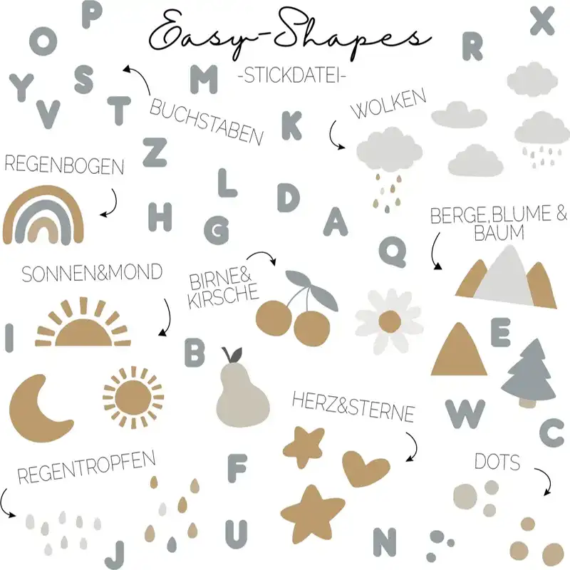 Auswahl verschiedener Motiven als Stickdatei. Regenbogen